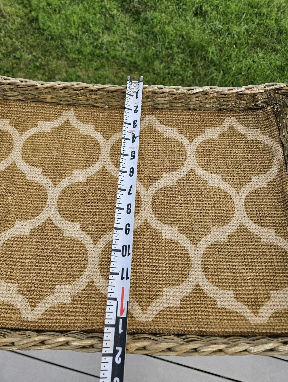 Boho Woven Rattan Serving Tray with a yellow quatrefoil pattern liner and cutout